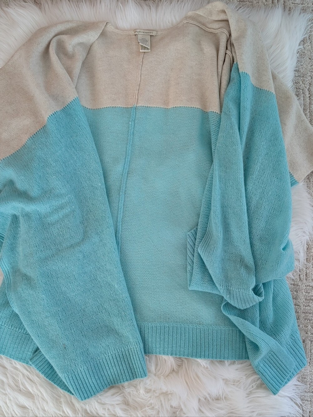 White + Warren Cream and Light Turquoise 100% Cashmere Poncho Sweater - One Size